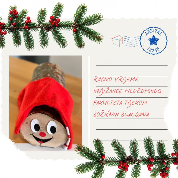 U ponedjeljak 22. i utorak 23.12. nakon 16.00 sati bit će otvoreno samo prizemlje Knjižnice. Od 24.12.2025. do 3.1.2026. Knjižnica je zatvorena. U ponedjeljak 5.1.2026. Knjižnica će biti otvorena u jednoj smjeni, tj. od 7.30 (8.00 katovi) do 16.00 sati. U utorak 6.1.2026. Knjižnica je zatvorena. U uobičajeno radno vrijeme se vraćamo od 7.1.2026.