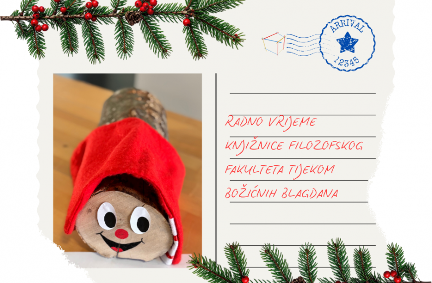 U ponedjeljak 22. i utorak 23.12. nakon 16.00 sati bit će otvoreno samo prizemlje Knjižnice. Od 24.12.2025. do 3.1.2026. Knjižnica je zatvorena. U ponedjeljak 5.1.2026. Knjižnica će biti otvorena u jednoj smjeni, tj. od 7.30 (8.00 katovi) do 16.00 sati. U utorak 6.1.2026. Knjižnica je zatvorena. U uobičajeno radno vrijeme se vraćamo od 7.1.2026.